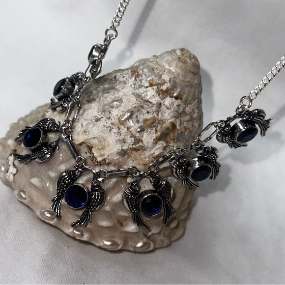 Sparkly London Blue Quartz multi gem set in 7 live bird sets statement necklace - Picture 7 of 12